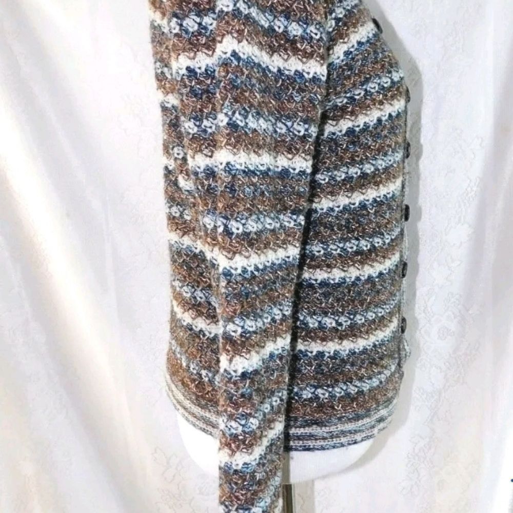 Dressbarn L Women's Brown/Blue/White Silk Cardigan w/Brown Shank Buttons - Picture 6 of 9